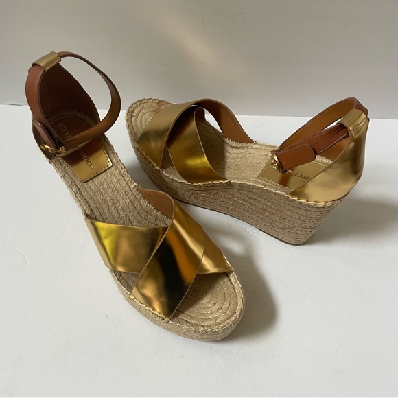 TORY BURCH Matte Metallic Gold Selby Wedge Platform Espadrille Sandals S… - Picture 9 of 15